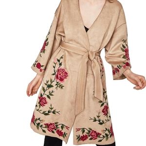Zara Faux Suede Embroidered Double Breasted Kimono